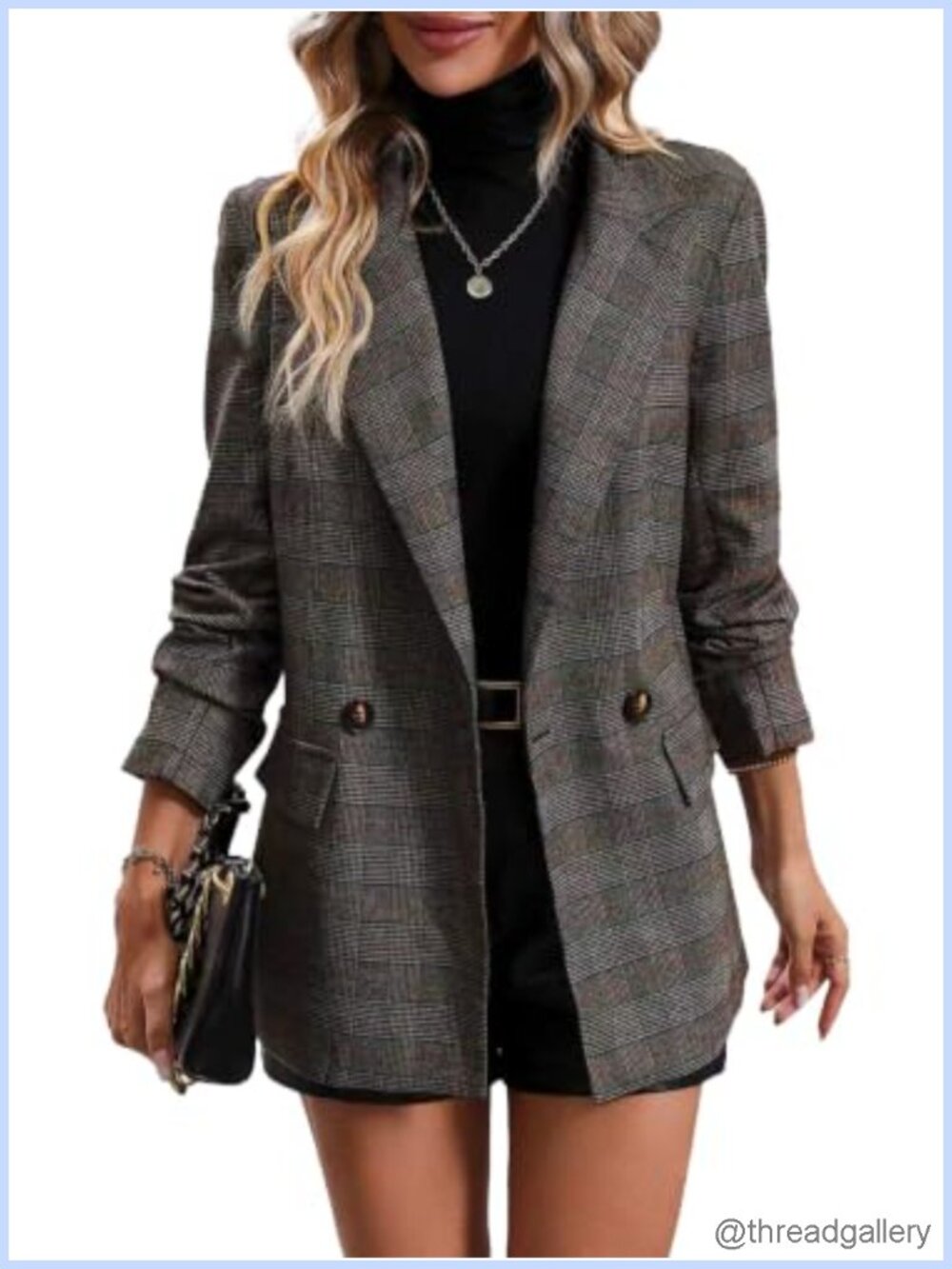 Plaid Double Breasted Blazer Houndstooth Business Casual Work Coat